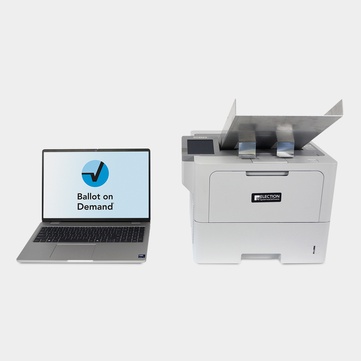 BODEX415 printer with tray extenders, and laptop