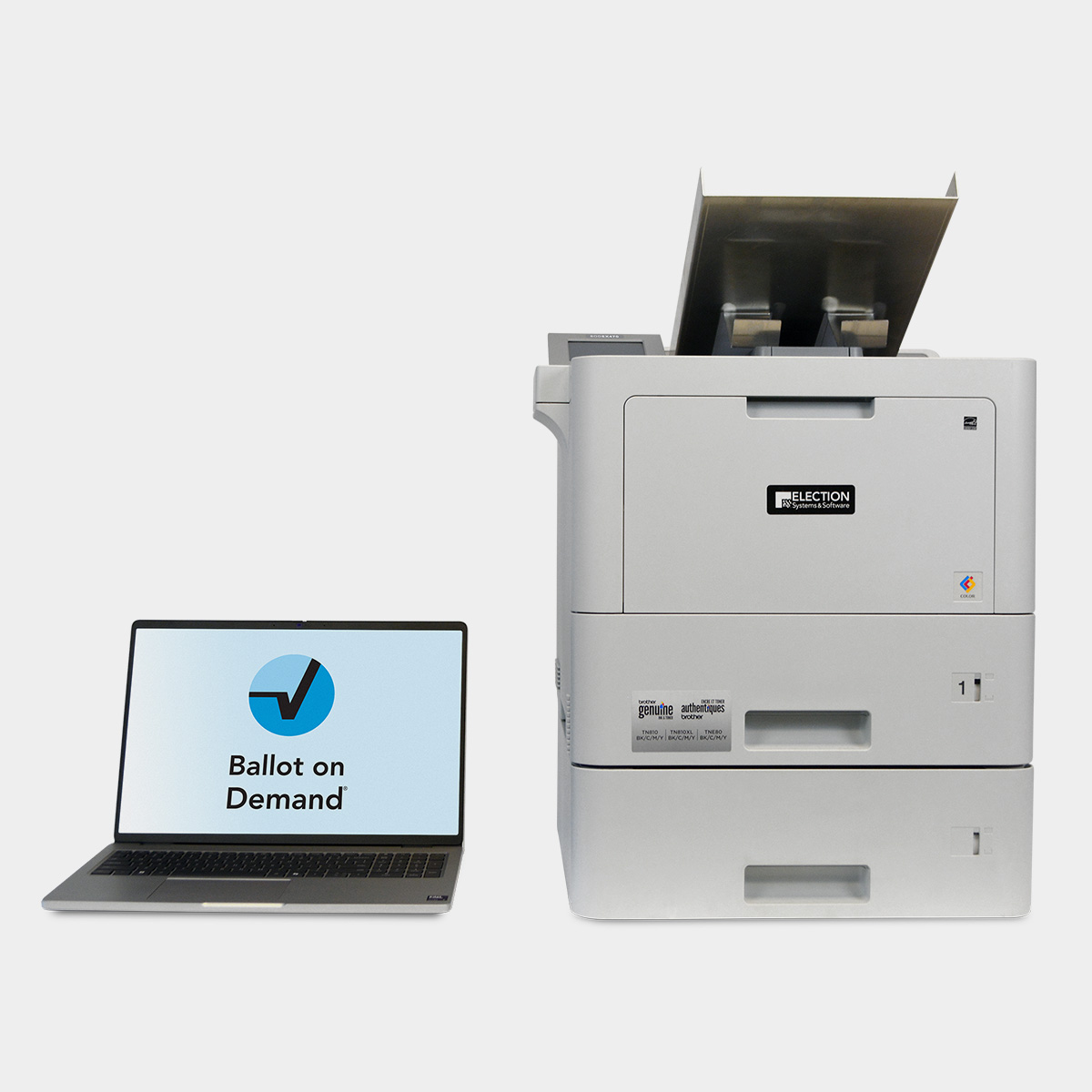 BODEX470 printer with tray extenders, and laptop