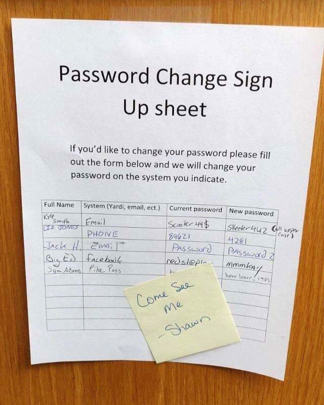 Password change sign-up sheet - a bad example for how to keep your passwords safe.