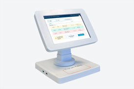 ExpressPoll unit with integrated stand, showing a voter search screen