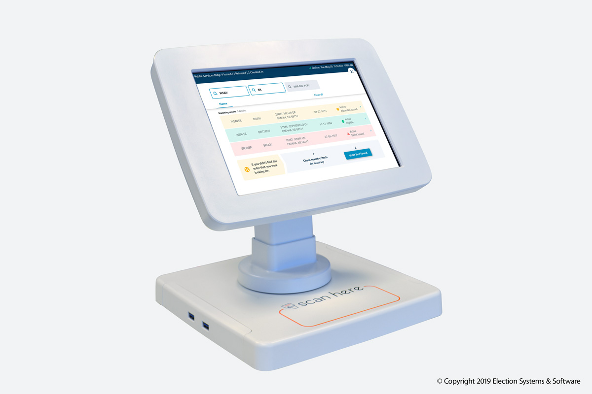 ExpressPoll unit with integrated stand, showing a voter search screen