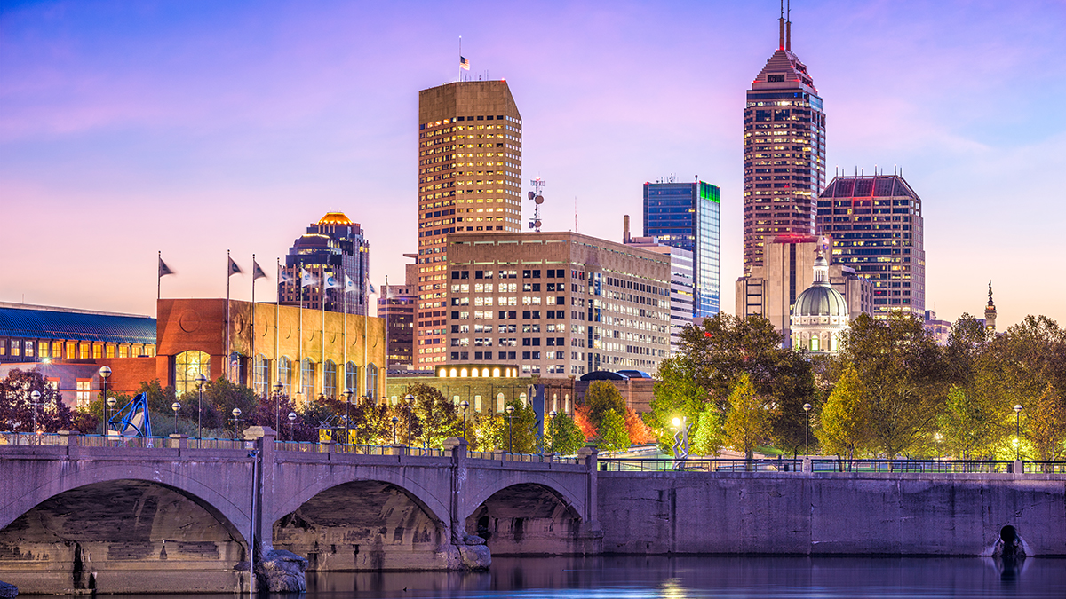 The skyline of Indianapolis, county seat of Marion County, Indiana