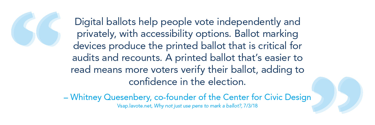 Digital ballots help people vote independently and privately, with accessibility options. Ballot marking devices produce the printed ballot that is critical for audits and recounts. A printed ballot that’s easier to read means more voters verify their ballot, adding to confidence in the election." - Whitney Quesenbery, co-founder of the Center for Civic Design. (Vsap.lavote.net, Why not just use pens to mark a ballot? 7/3/18)
