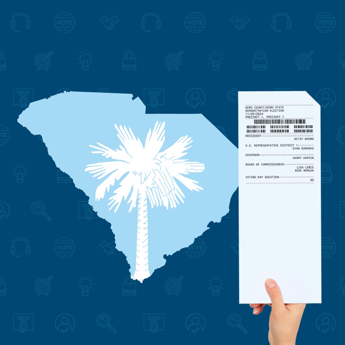 The shape of South Carolina with the palmetto from the state flag inset, next to a person's hand holding a voted paper ballot card.