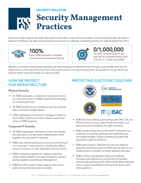 Cover page of ES&S Security Management Practices fact sheet.