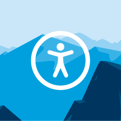 The symbol for accessibility superimposed on an illustration of mountain peaks