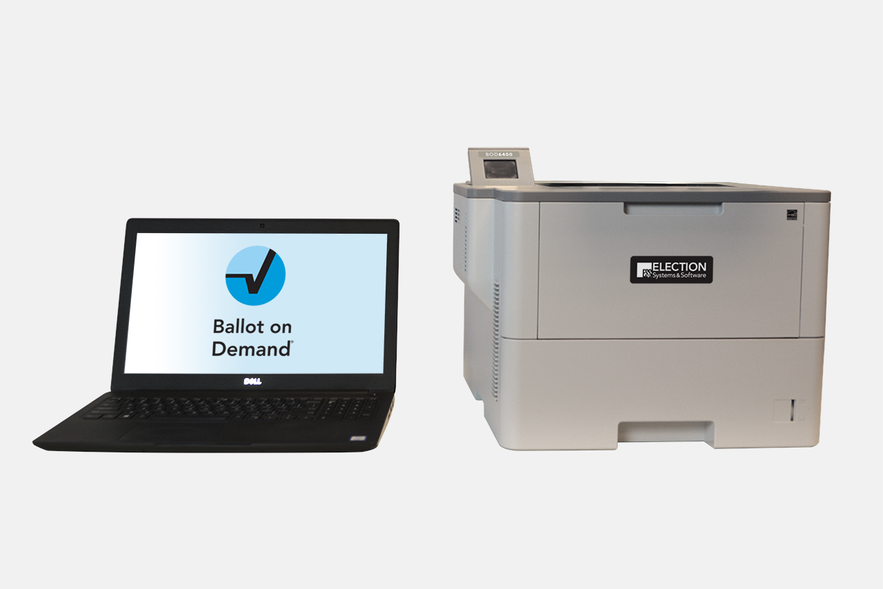 Ballot on Demand system featuring BOD6400 B/W printer, laptop, and proprietary BOD software