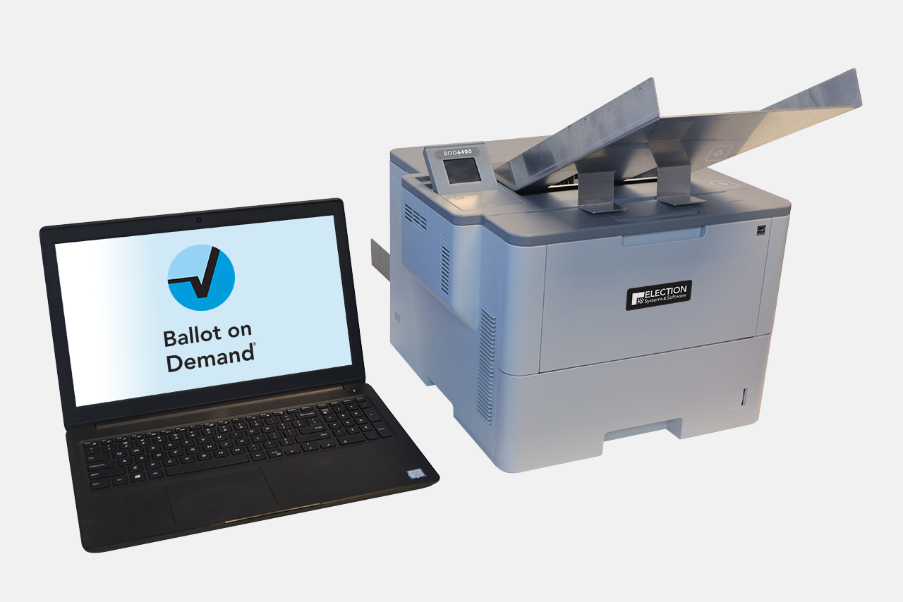 Ballot on Demand system featuring BOD6400 B/W printer, laptop, and proprietary BOD software