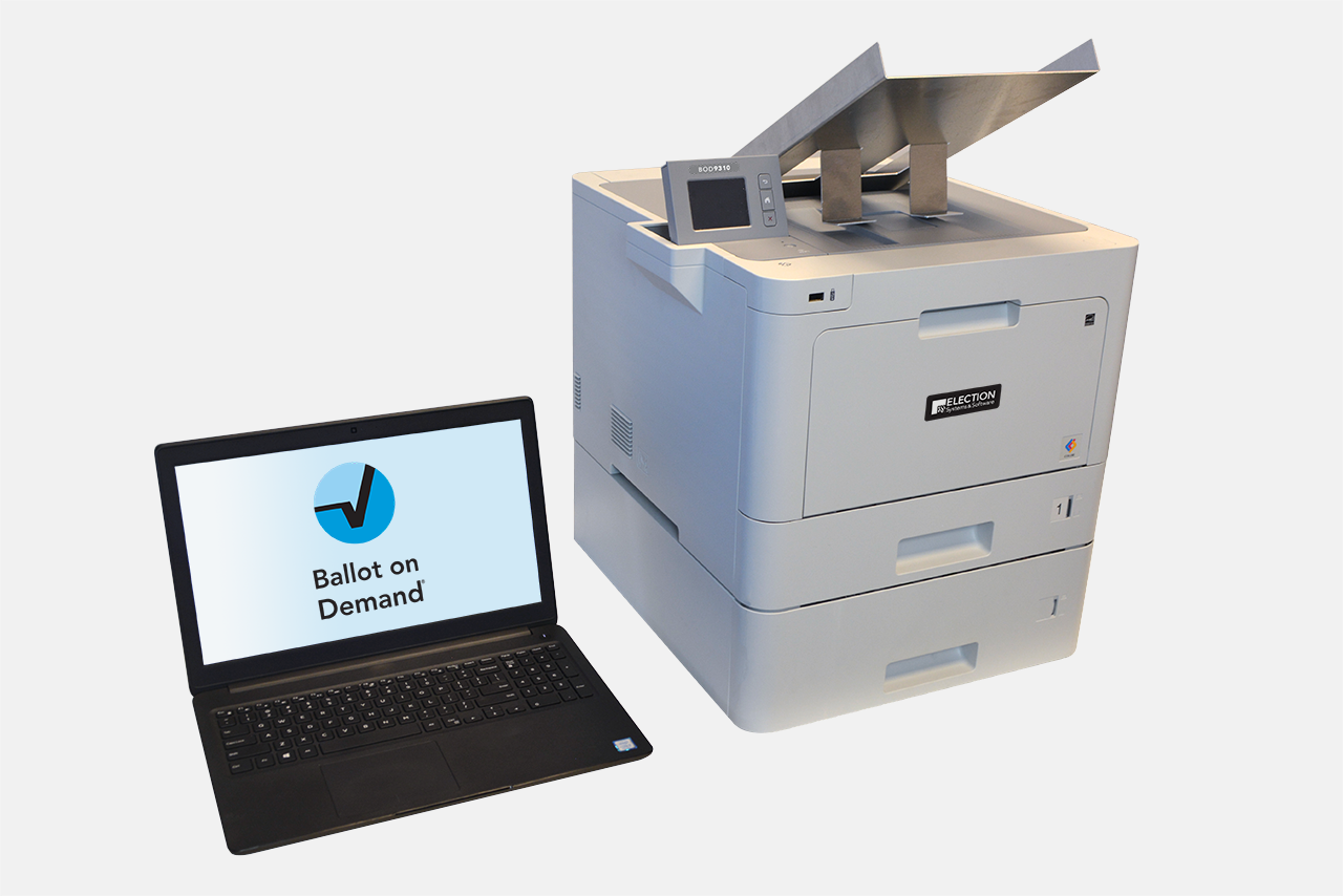 Ballot on Demand system featuring BOD9310 color printer, laptop, and proprietary BOD software