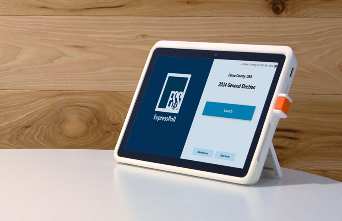 ExpressPoll unit with the launch screen displayed