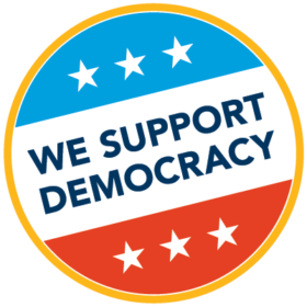 Icon of a voter pin displaying the words We Support Democracy