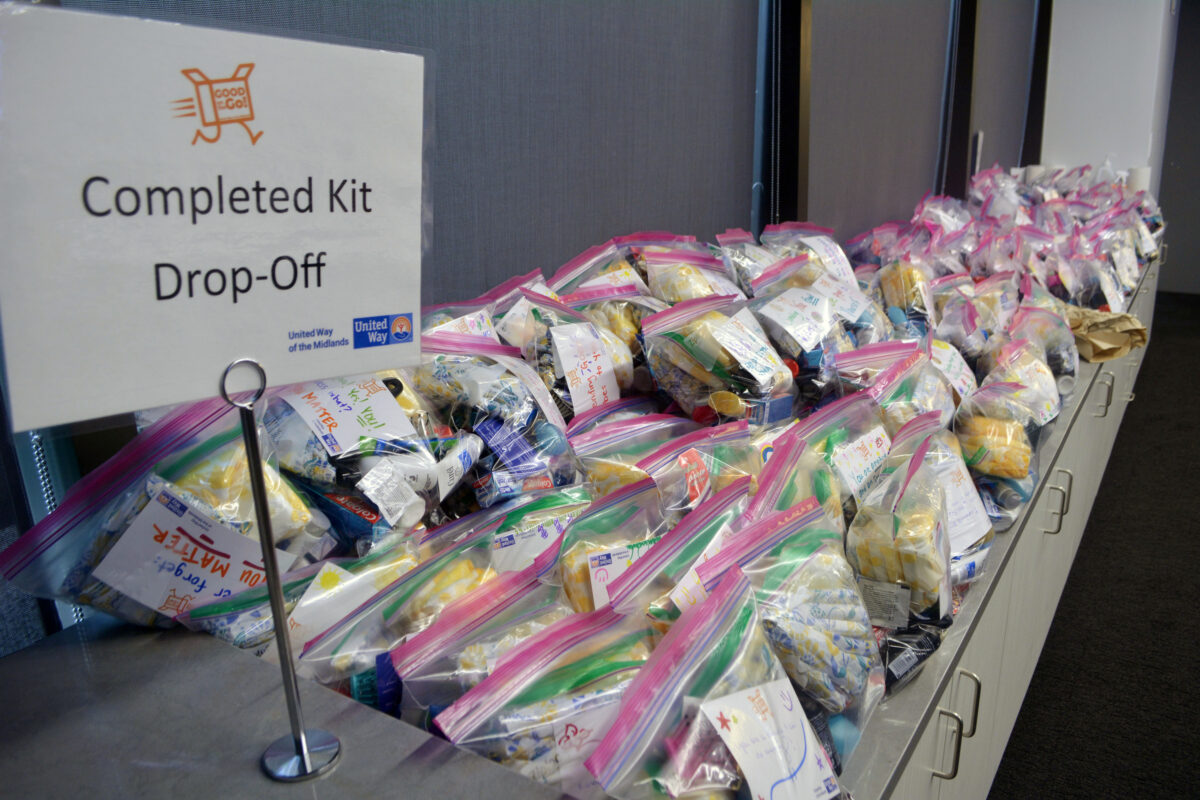Completed hygiene kits assembled by ES&S employees for delivering to Youth Emergency Services (YES) and Nebraska Urban Indian Health Coalition (NUIHC)