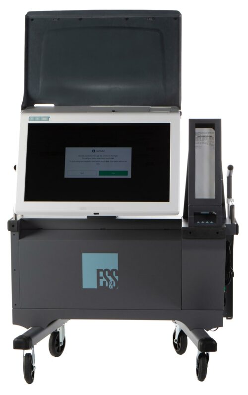 An ExpressVote XL with the printed ballot displayed in the clear viewing window for review before being cast.