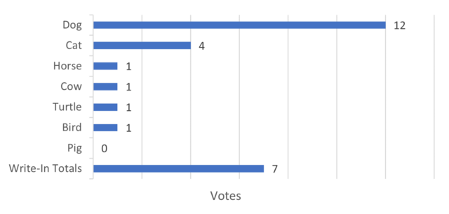 Favorite type of animal, number of votes. Dog: 12; Cat: 4; Bird: 1; Turtle: 1; Cow: 1; Horse: 1; Pig: 0; Write-In Totals: 7