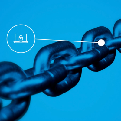 A close-up rendering of metal chain links, with an icon of a secure laptop pointing to one of the links, representing supply chain security