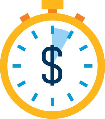 Icon of a stopwatch with a dollar sign in the middle, representing time and cost savings.