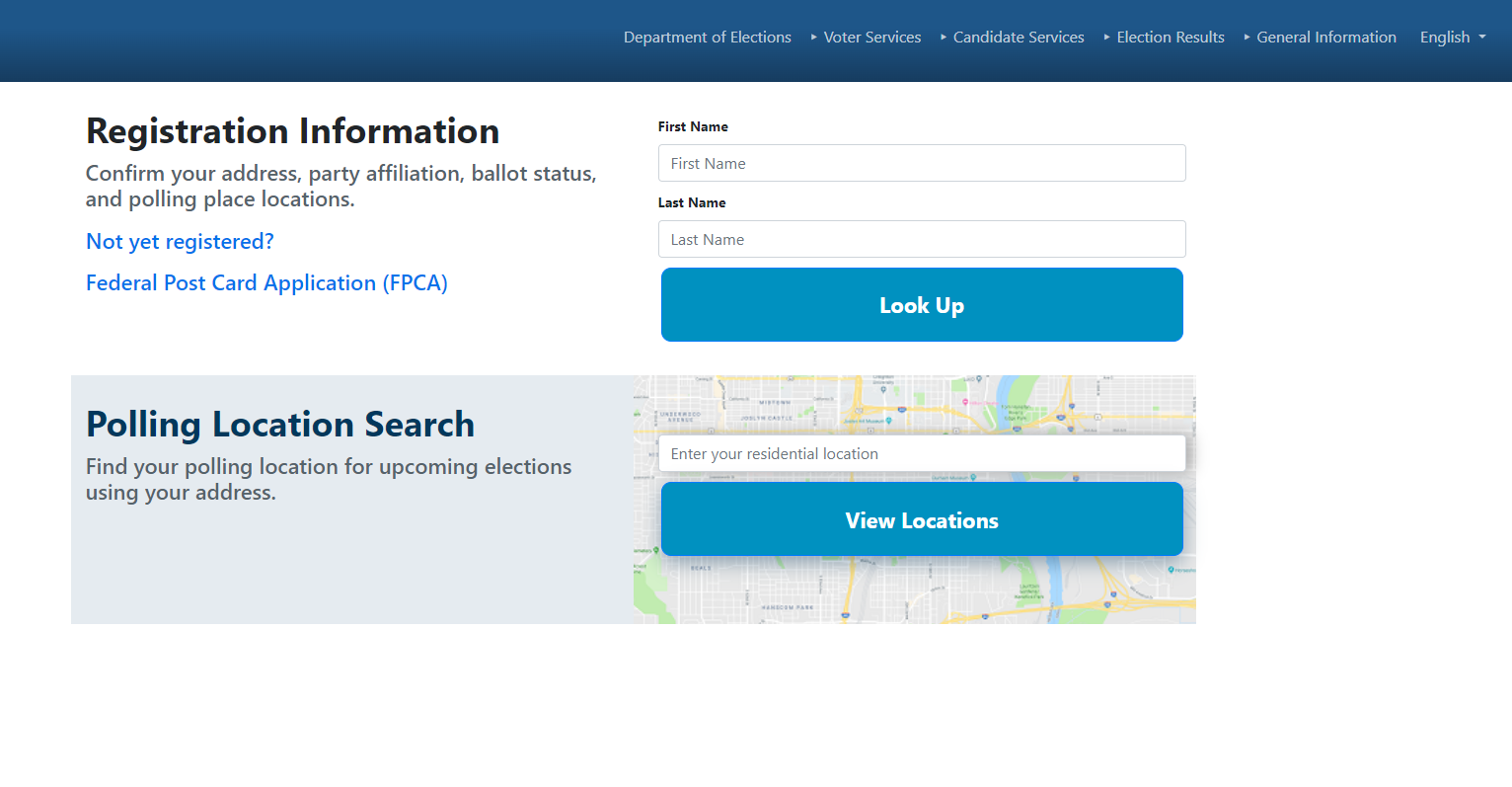 Screenshot of main page on VoterView, allowing voters to search for their registration information or polling locations