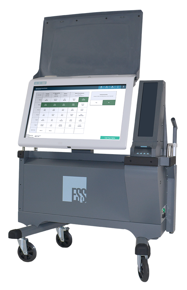 ExpressVote XL with a sample ballot and voter selections on screen.