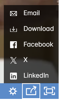 Image of the video player share menu, displaying options to share by Email, Download, Facebook, X and LinkedIn