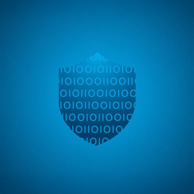 VR security video featured image, a blue shield covered with binary code.