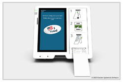 An ExpressVote unit seen from the front. The voting session is complete, and a printed ballot is ejecting from the card slot.