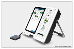 An ExpressVote unit with vote selections on the screen and an audio-tactile keypad in front.