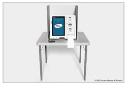 An ExpressVote unit shown in a privacy booth on a table, and an audio-tactile keypad in front. The voting session is complete, with a printed ballot ejecting from the unit.