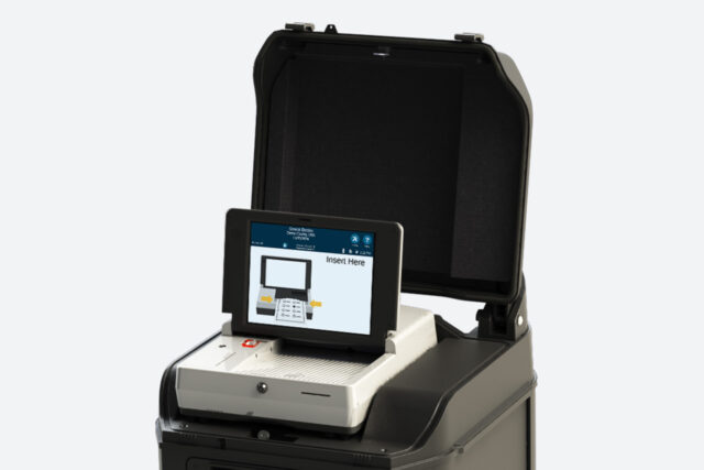 DS300 on its ballot box, displaying a prompt to insert a ballot