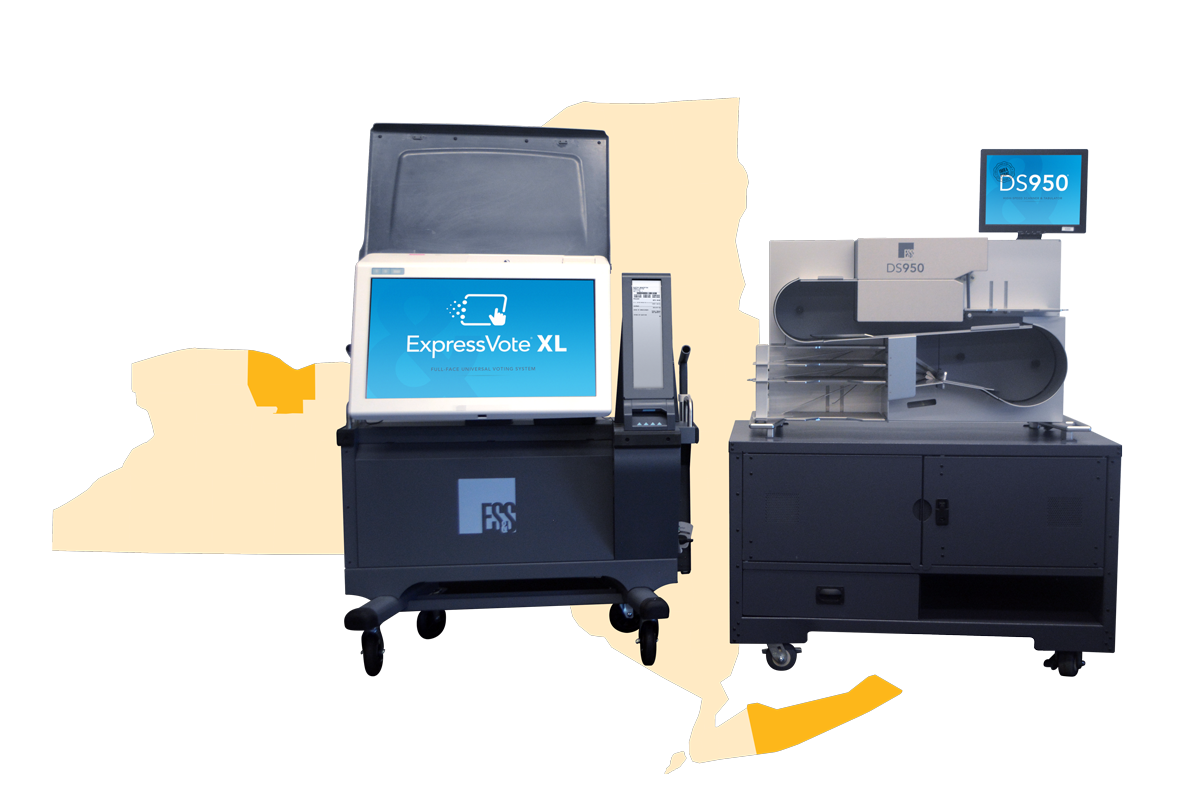 An outline of the state of New York, with the counties of Monroe and Suffolk highlighted, accompanied by images of the ExpressVote XL and DS950 voting equipment that will be used in the counties.