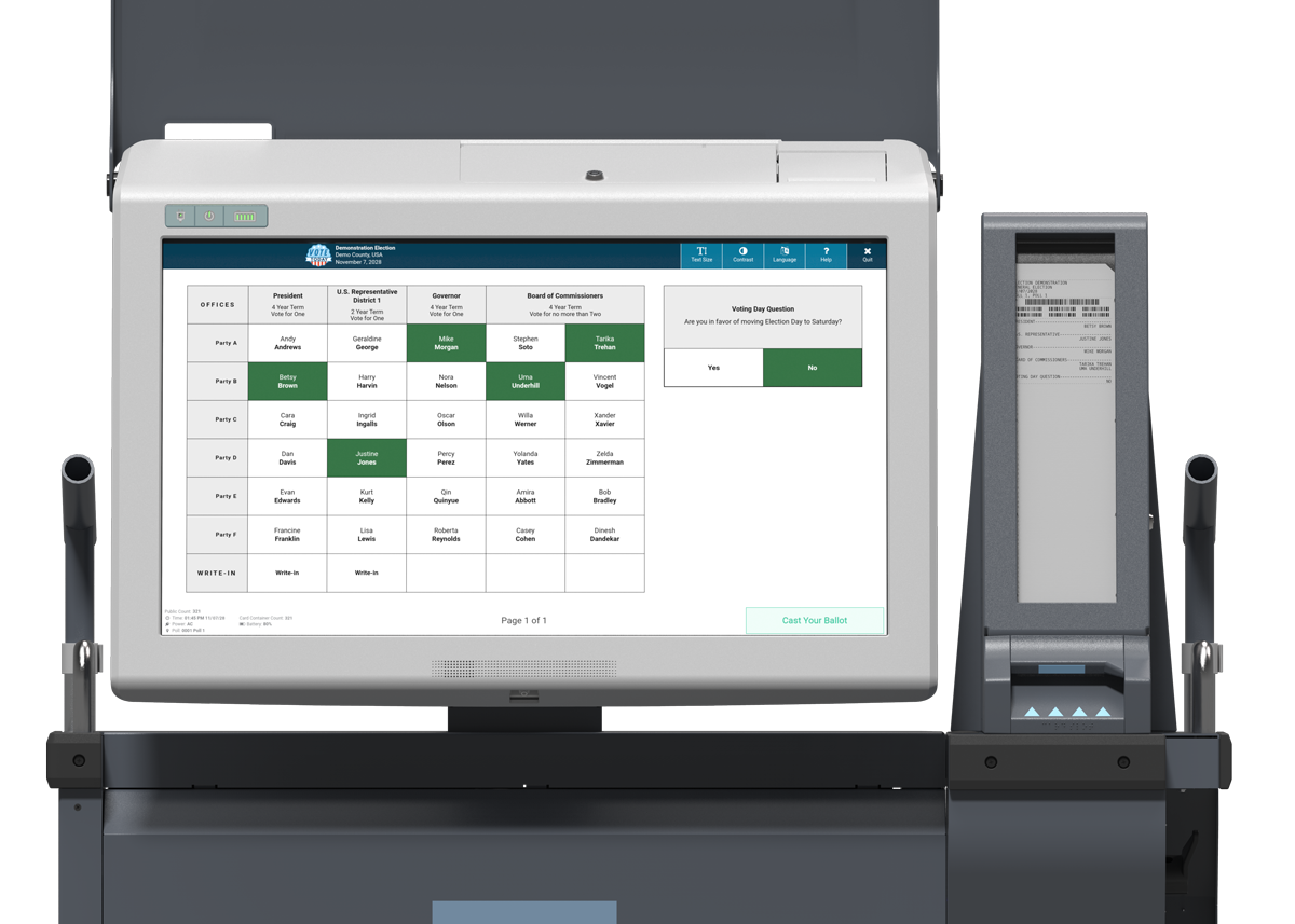 ExpressVote XL Vote Selection Review ExpressVote XL with vote selections on the touch screen and on the printed ballot for a side-by-side comparison.