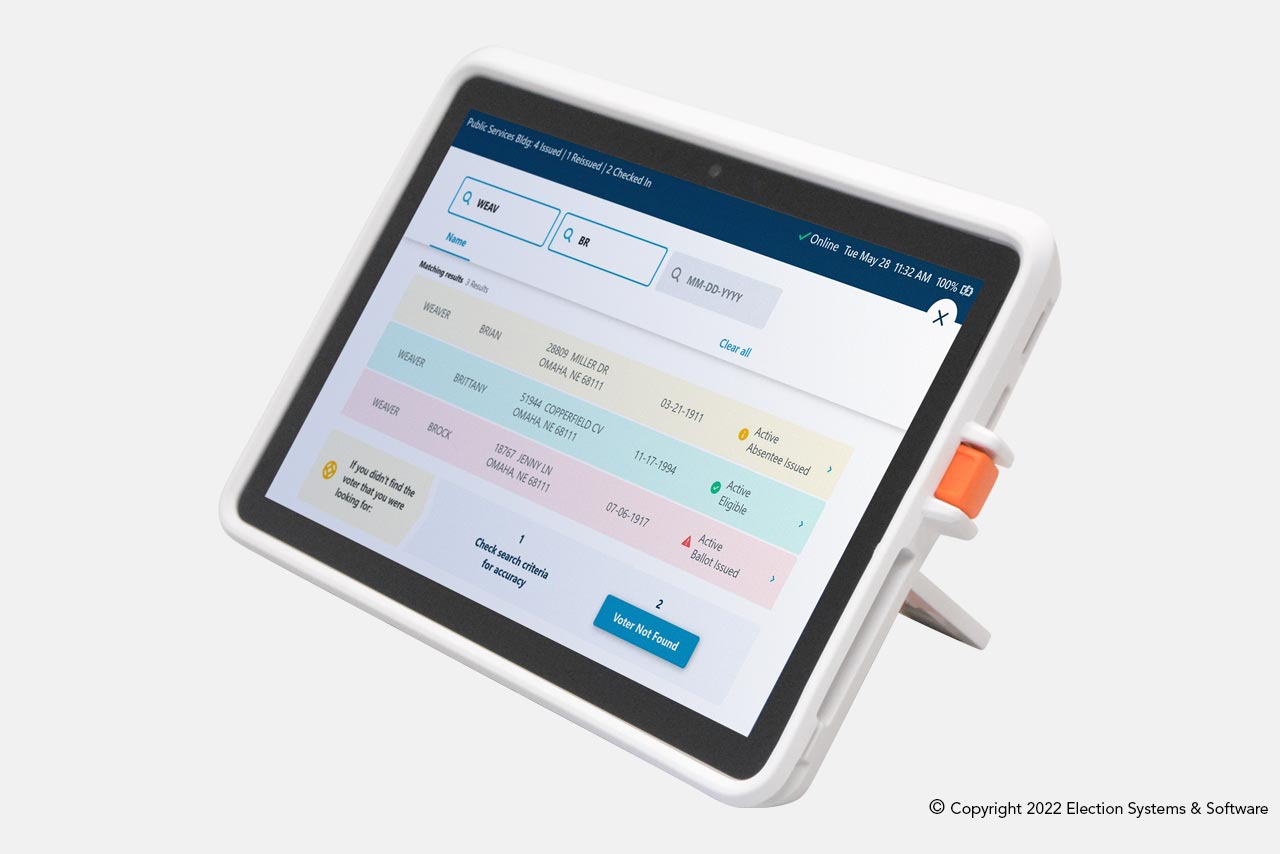 ExpressPoll_with_Flip_Stand_hero ES&S' ExpressPoll application running on a hardened Microsoft Surface Go tablet, with custom Flip Stand enclosure