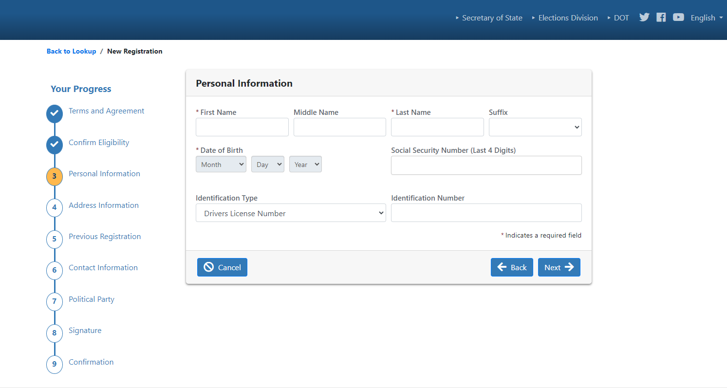 VV_NewRegistration_v2 Screenshot of VoterView new registration process, step 3 of 9, entering personal information