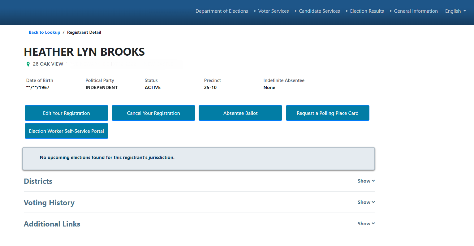 VV_Voter_Detail_and_Information_v2 VoterView screenshot showing a voter's registration details and a menu to change the registration or request an absentee ballow
