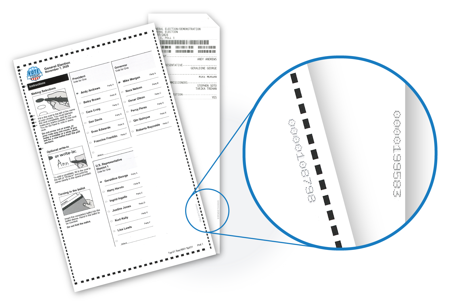 Traditional and ExpressVote summary card ballots, with a magnified inset showing unique numbers imprinted for use in risk-limiting audits.