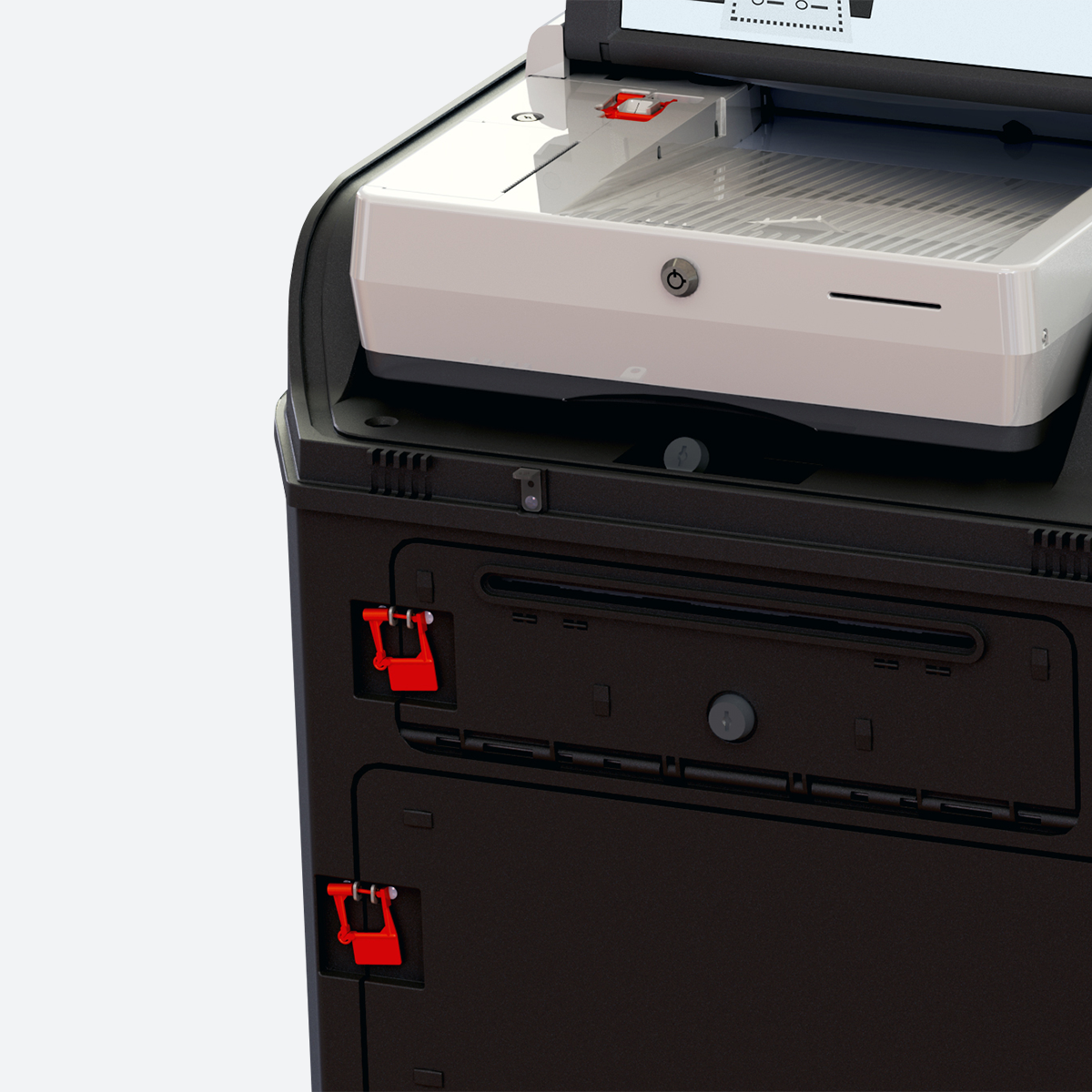 Closeup view of the pick-resistant locks and the recessed spaces for tamper-evident seals.