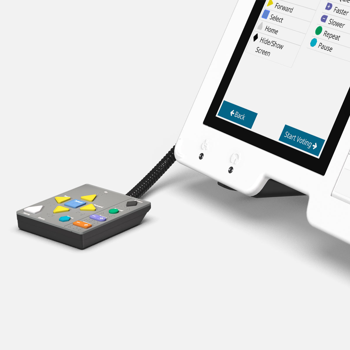 An ExpressVote unit with audio-tactile keypad, and on-screen guide for voting using the keypad buttons.