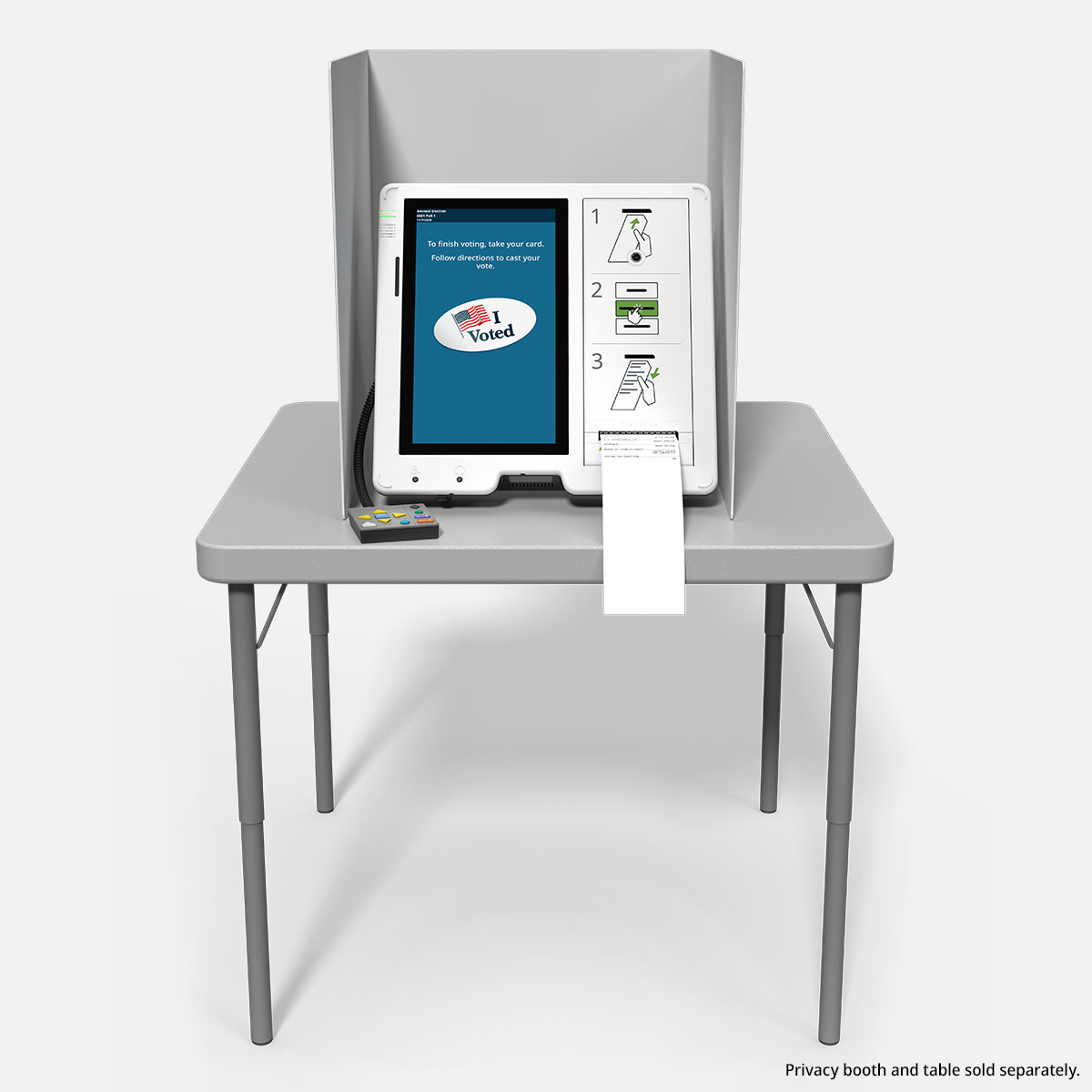 An ExpressVote unit with printed ballot card and audio tactile keypad, placed on a folding table with privacy booth around the unit. Privacy booth and table sold separately.