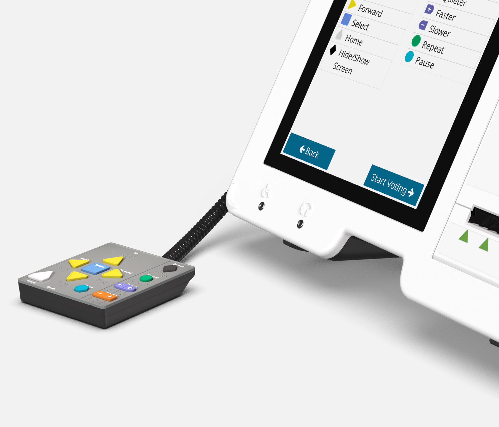 An ExpressVote unit with audio-tactile keypad, and on-screen guide for voting using the keypad buttons.