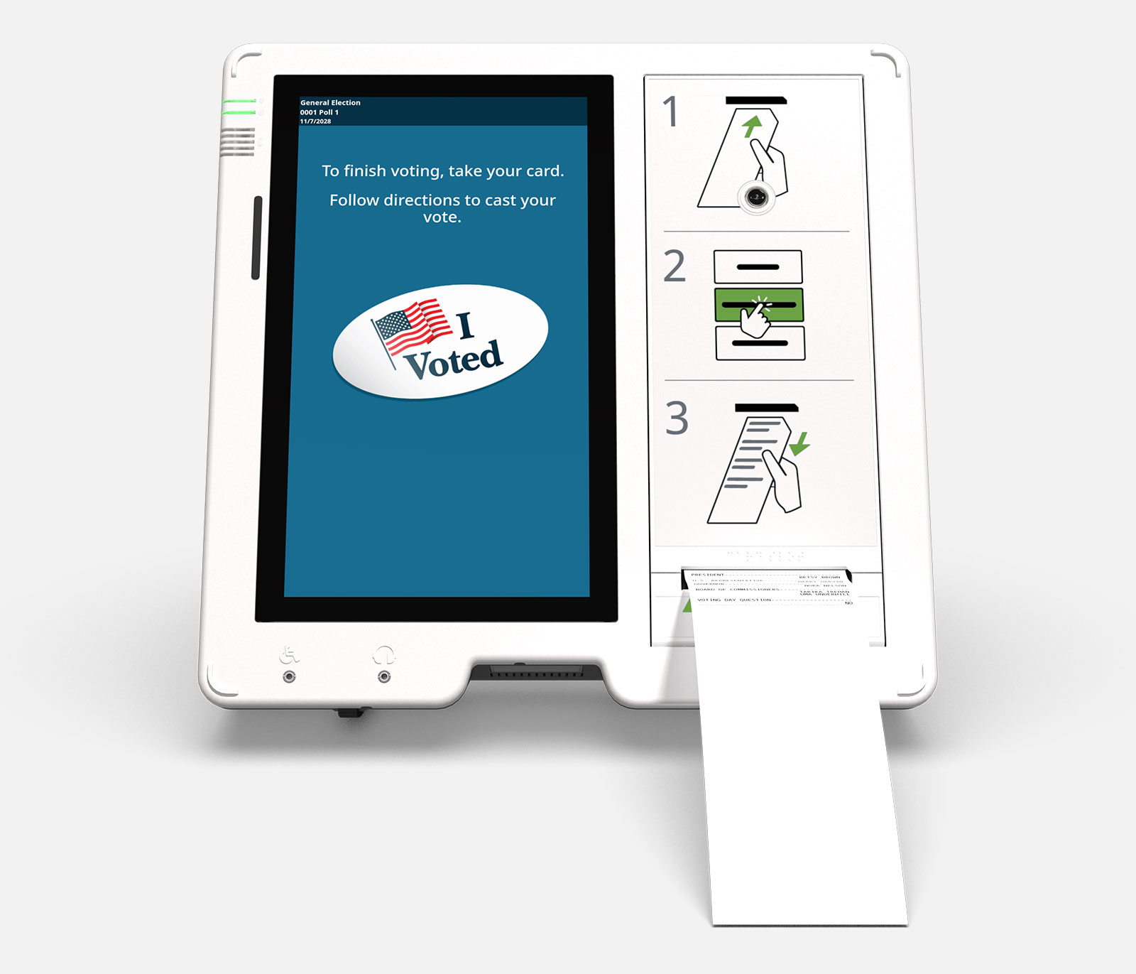 An ExpressVote unit with a printed ballot card ejecting from the unit, and directions on the screen to take the card in order to cast the vote.