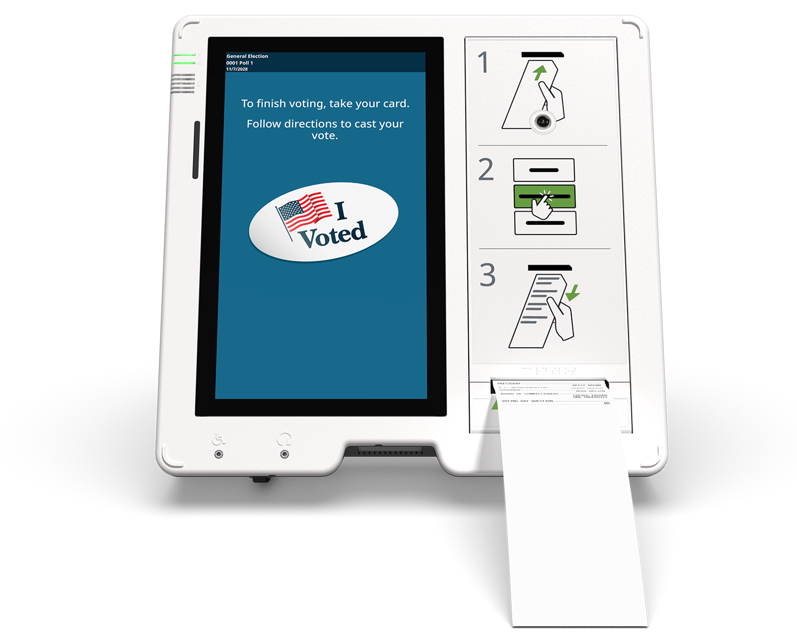 An ExpressVote unit with a printed ballot card ejecting from the unit, and directions on the screen to take the card in order to cast the vote.