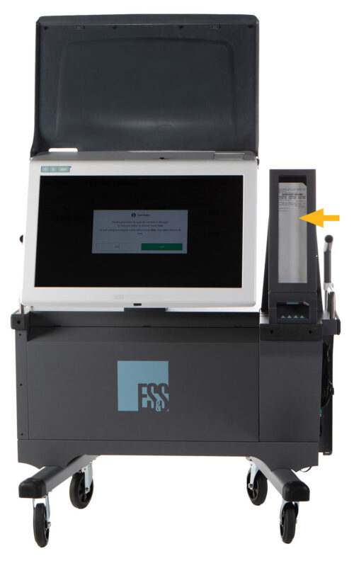 ExpressVote XL with printed ballot ready to be cast An ExpressVote XL with the printed ballot displayed in the clear viewing window for review before being cast.